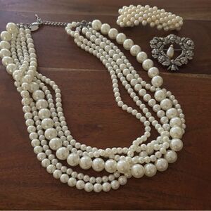 5 strand Pearl Necklace, Broche, hair clip Set